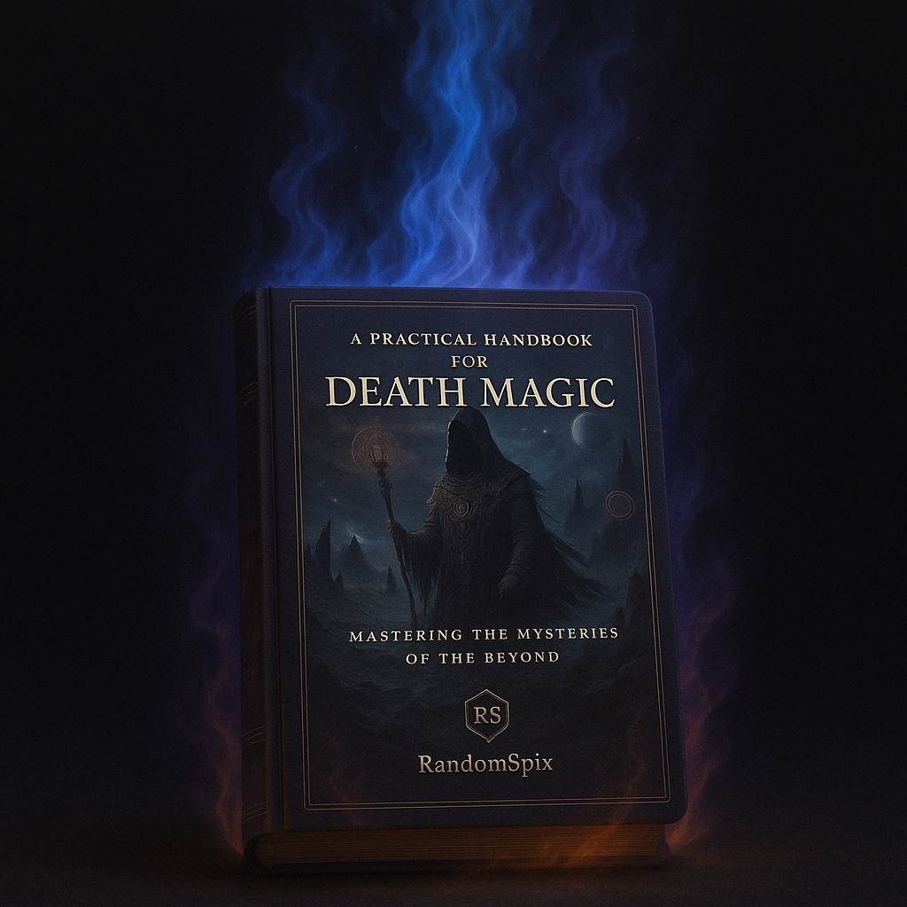Book titled 'A Practical Handbook for Death Magic' with a dark cover and blue flames in the background