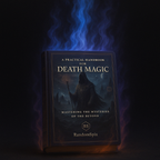 Book titled 'A Practical Handbook for Death Magic' with a dark cover and blue flames in the background