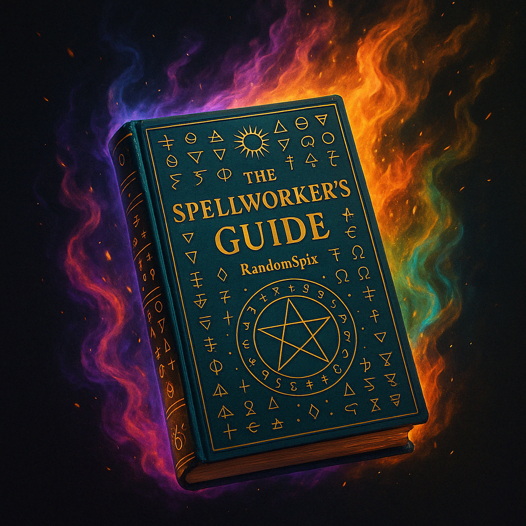 A glowing red-and-gold digital grimoire titled “The Spellworker’s Guide” resting atop a bed of dried herbs, black feathers, and ember-lit parchment scrolls. The spellbook glows with arcane warmth.