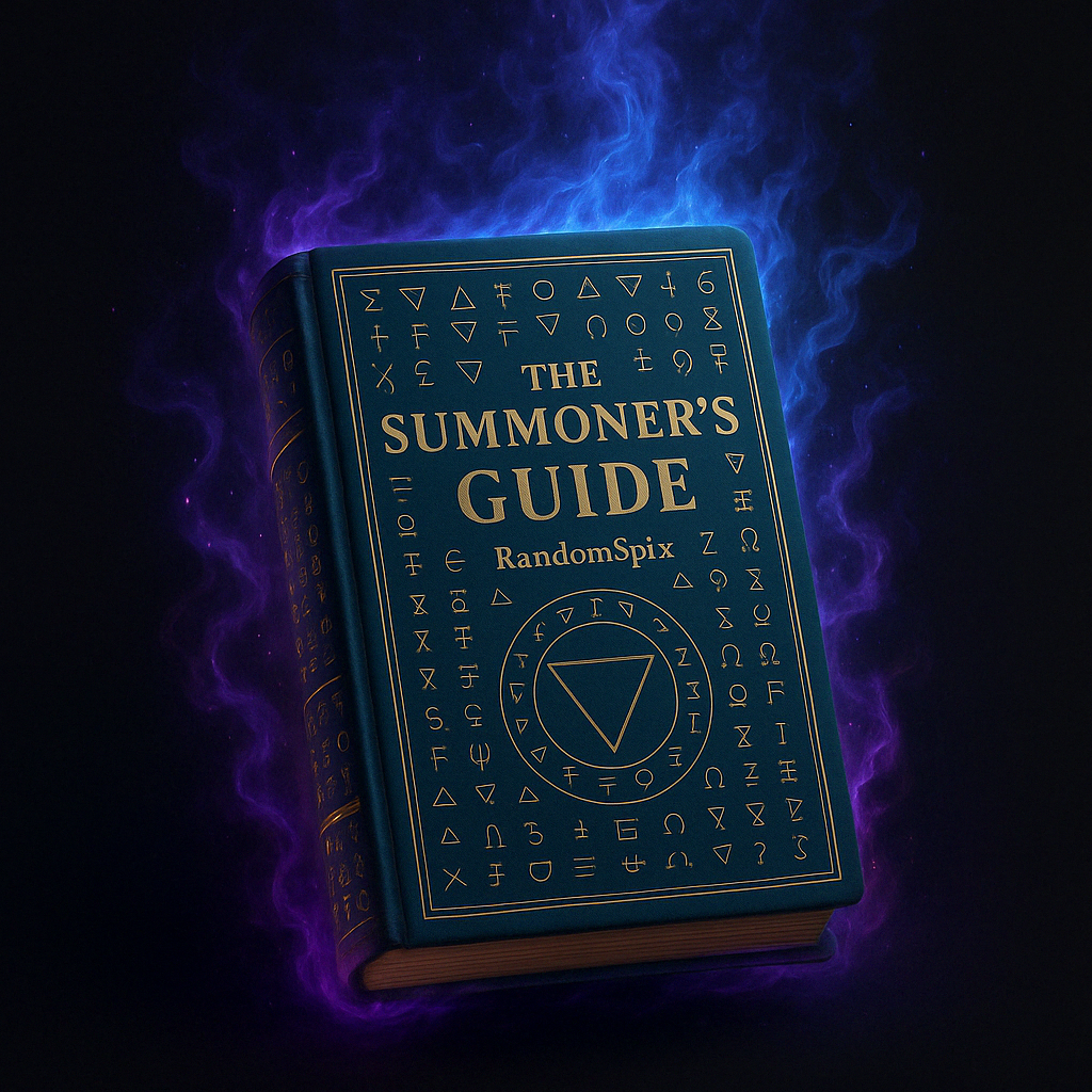 Book titled 'The Summoner's Guide' with mystical symbols on a dark background with blue flames.