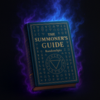 Book titled 'The Summoner's Guide' with mystical symbols on a dark background with blue flames.