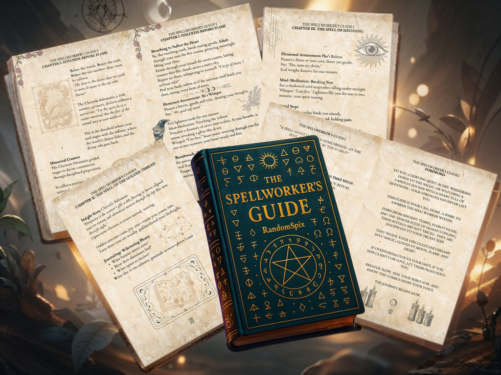 Book titled 'The Spellworker's Guide' surrounded by open pages with text and symbols.