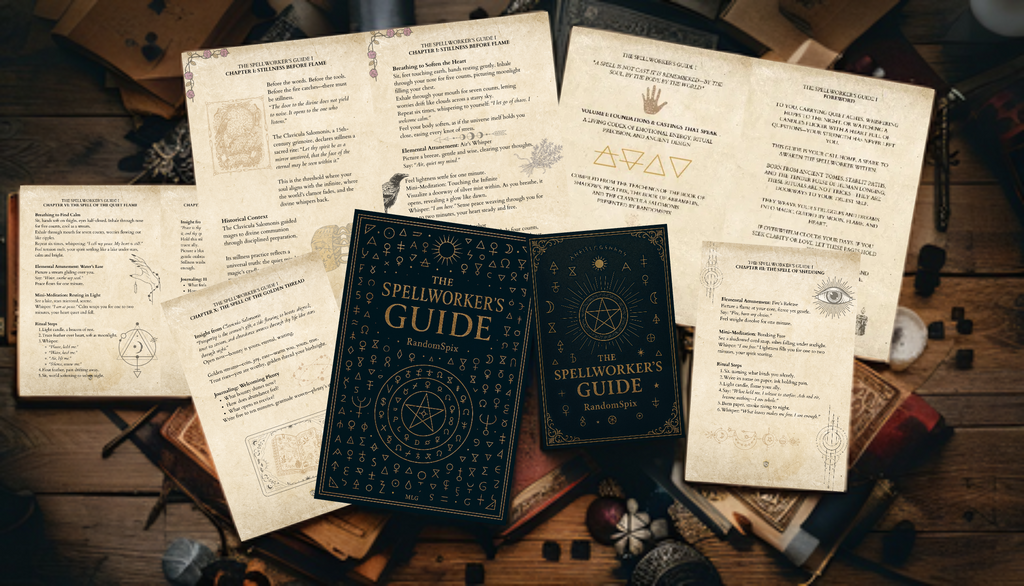 Two 'Spellworker's Guide' books on a wooden surface with spell papers.