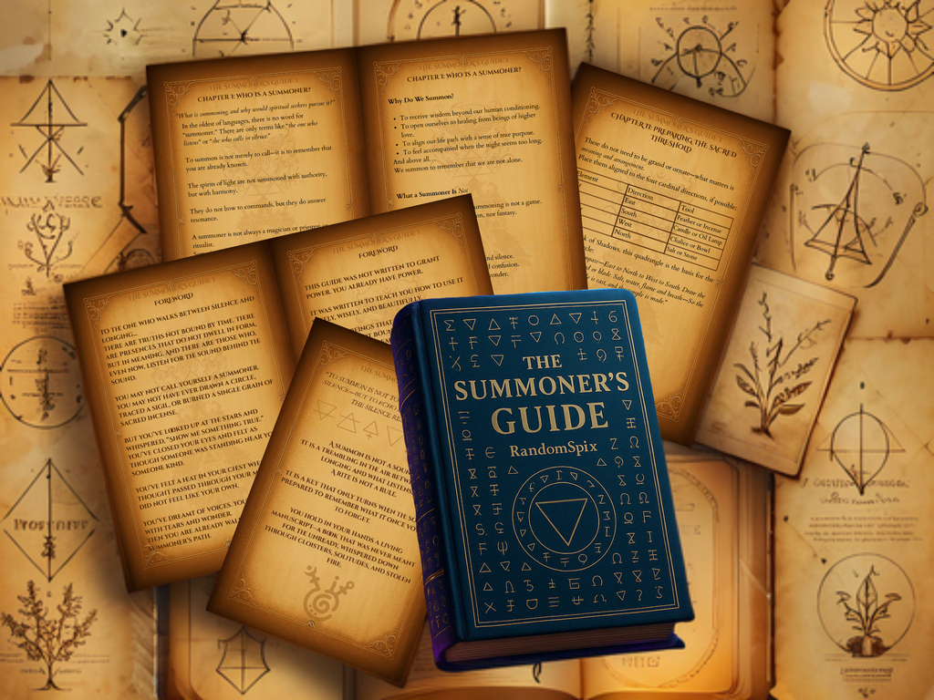Blue book titled 'The Summoner's Guide' on top of vintage-looking pages with magical symbols and text.
