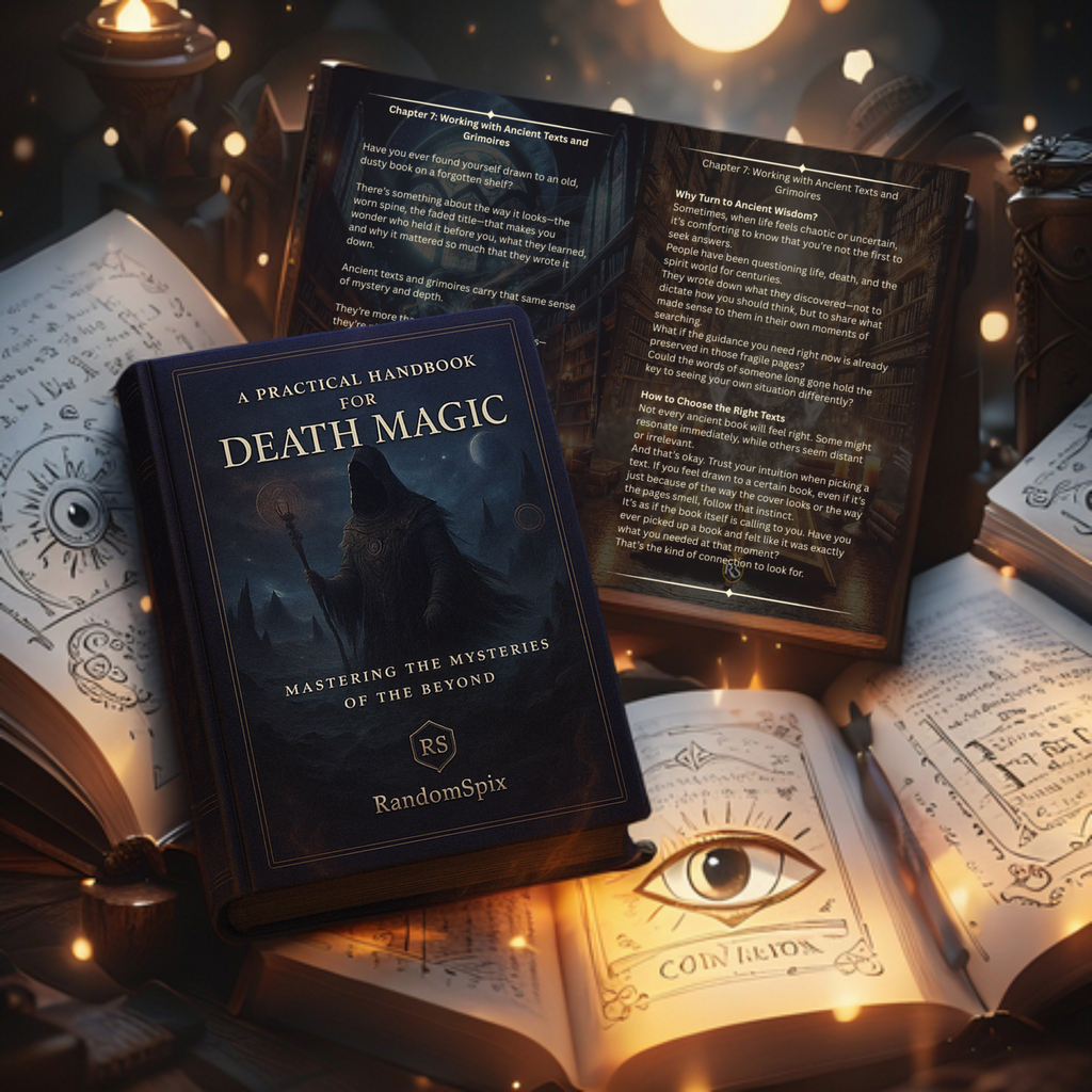 Open book titled 'A Practical Handbook for Death Magic' with mystical ambiance