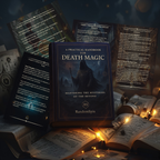 Book titled 'A Practical Handbook for Death Magic' surrounded by other books and mystical elements.